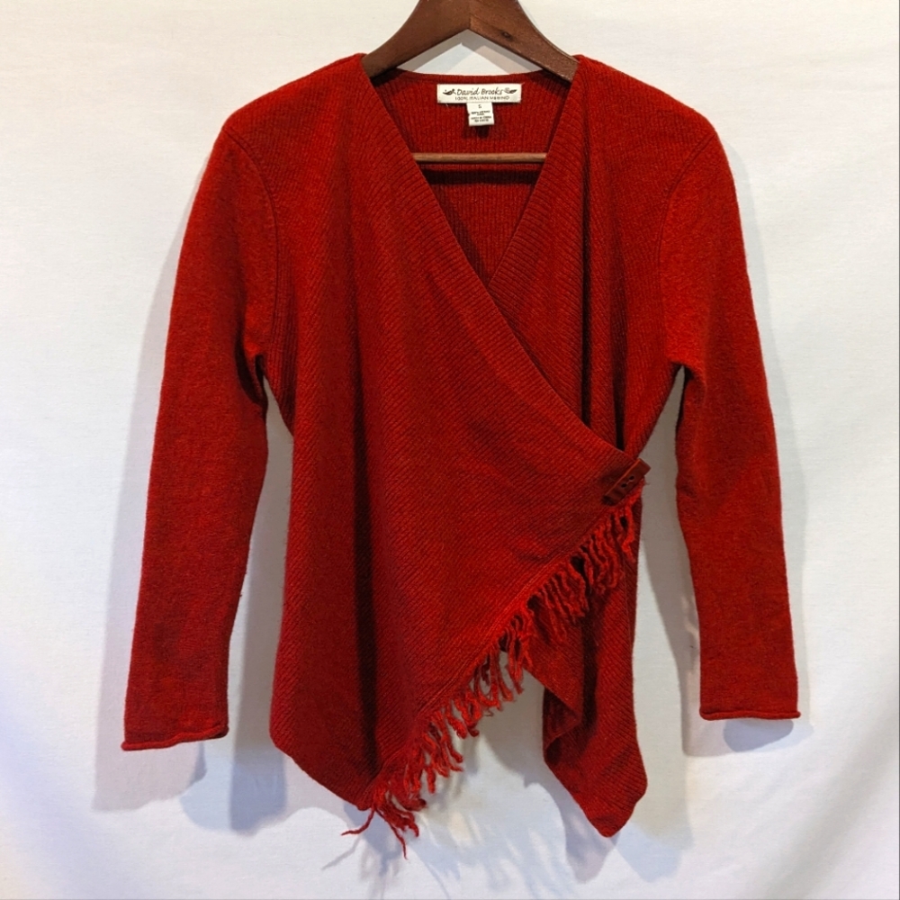 David Brooks Burnt Orange 100% Italian Merino Wool Ribbed Shawl Cardigan Size S